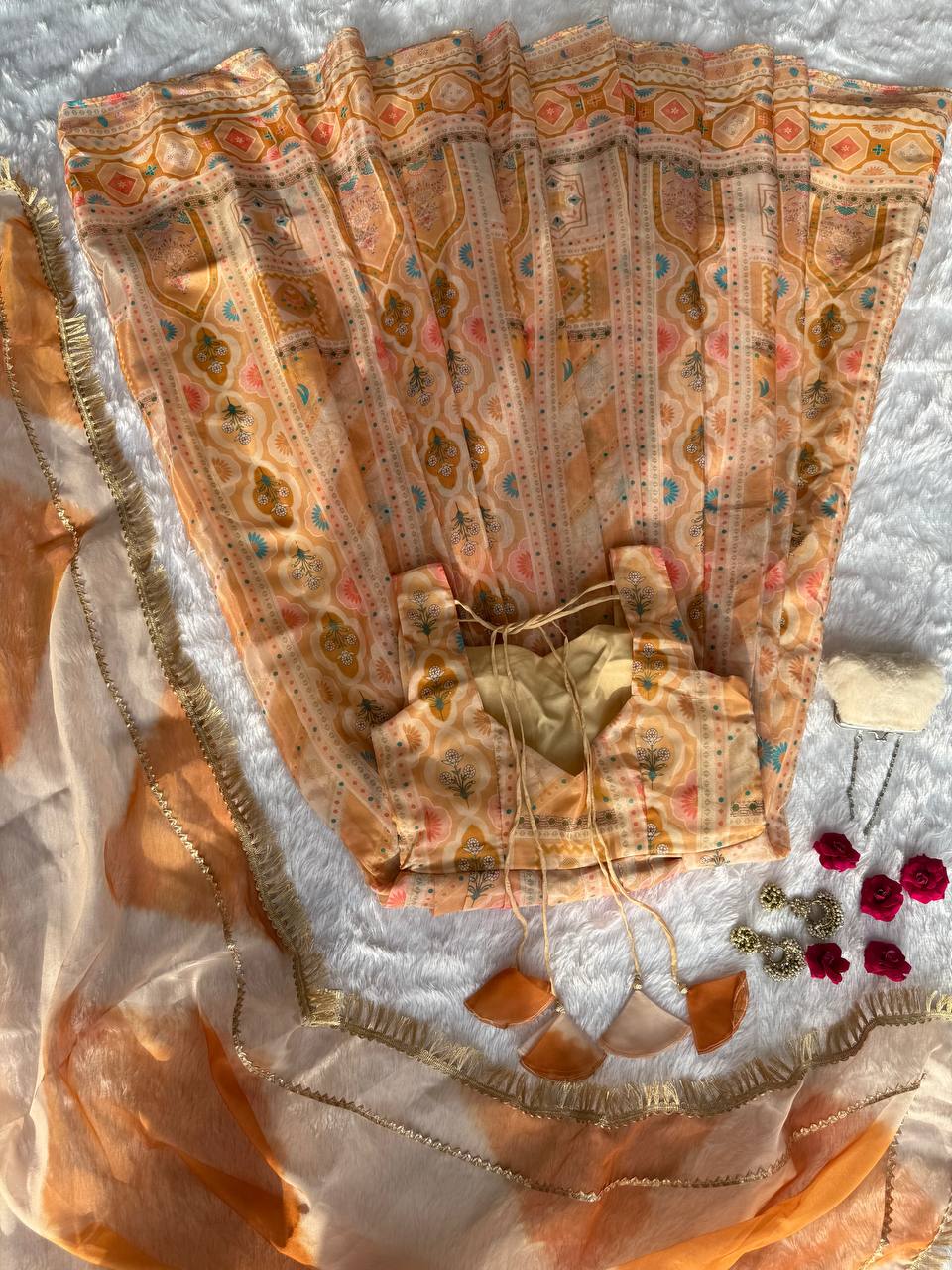 Light Yellow Designer Jimmy Organza Silk Digital Printed Anarkali Gown Set with Dupatta ClothsVilla