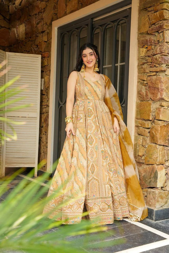 Light Yellow Designer Jimmy Organza Silk Digital Printed Anarkali Gown Set with Dupatta ClothsVilla