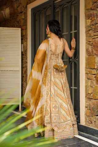 Light Yellow Designer Jimmy Organza Silk Digital Printed Anarkali Gown Set with Dupatta ClothsVilla