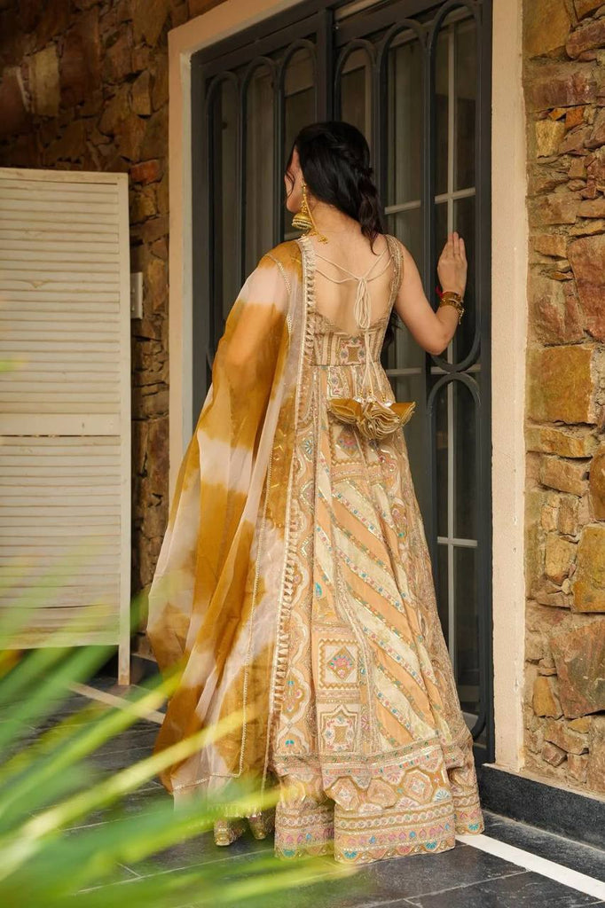 Light Yellow Designer Jimmy Organza Silk Digital Printed Anarkali Gown Set with Dupatta ClothsVilla