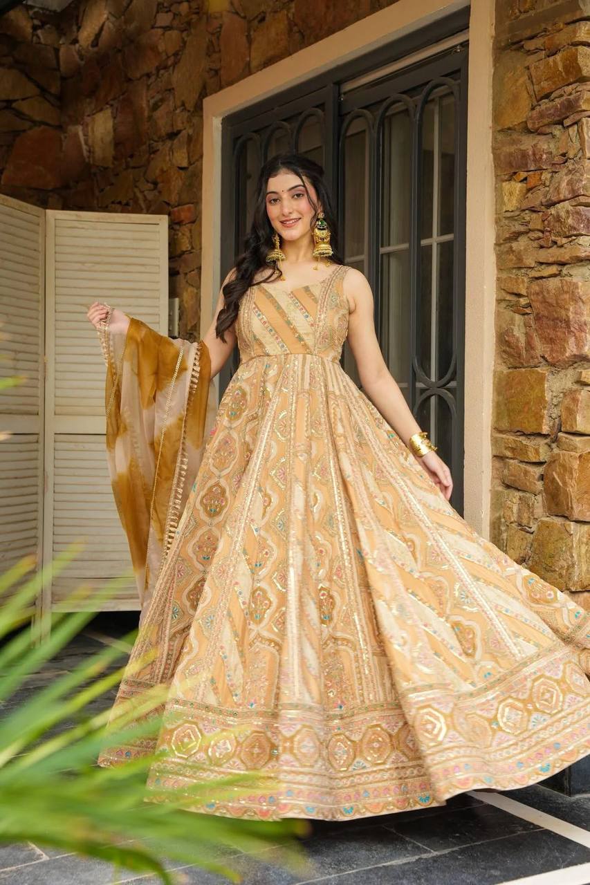 Light Yellow Designer Jimmy Organza Silk Digital Printed Anarkali Gown Set with Dupatta ClothsVilla