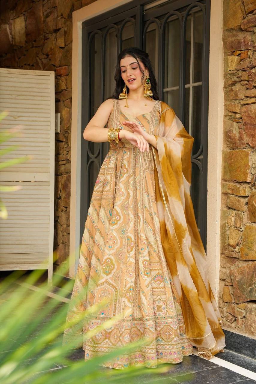 Light Yellow Designer Jimmy Organza Silk Digital Printed Anarkali Gown Set with Dupatta ClothsVilla