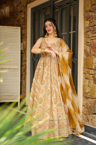Light Yellow Designer Jimmy Organza Silk Digital Printed Anarkali Gown Set with Dupatta ClothsVilla