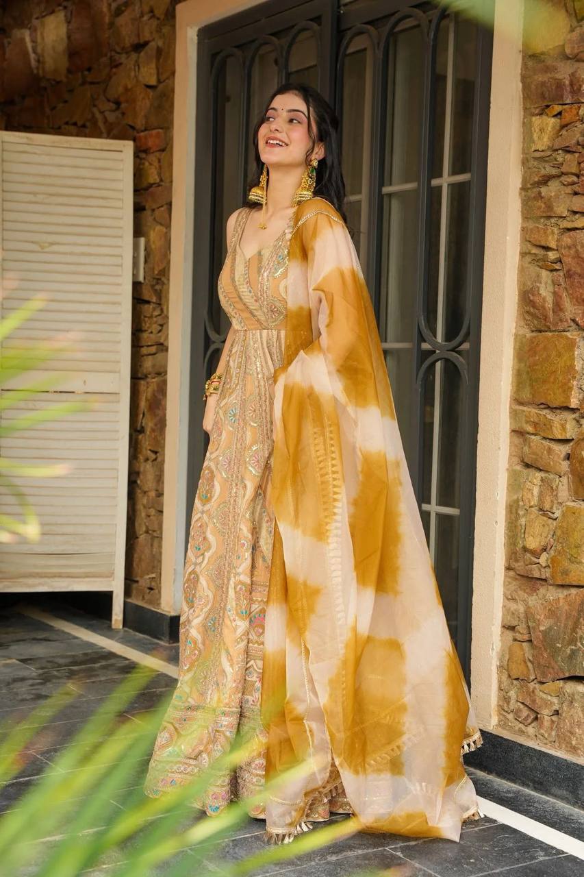 Light Yellow Designer Jimmy Organza Silk Digital Printed Anarkali Gown Set with Dupatta ClothsVilla