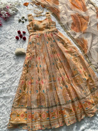 Light Yellow Designer Jimmy Organza Silk Digital Printed Anarkali Gown Set with Dupatta ClothsVilla