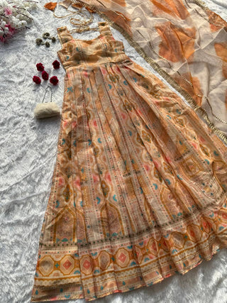 Light Yellow Designer Jimmy Organza Silk Digital Printed Anarkali Gown Set with Dupatta ClothsVilla