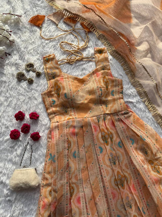 Light Yellow Designer Jimmy Organza Silk Digital Printed Anarkali Gown Set with Dupatta ClothsVilla