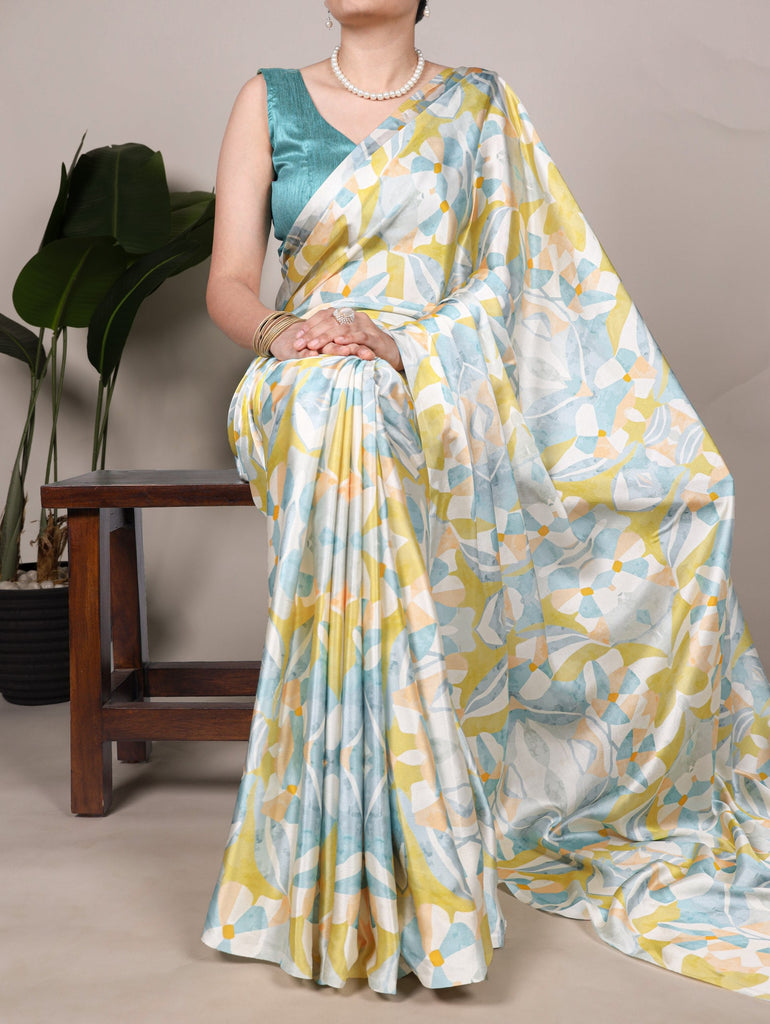 Light Yellow Elegant Floral Printed Satin Silk Saree with Mono Benglory Blouse Piece ClothsVilla