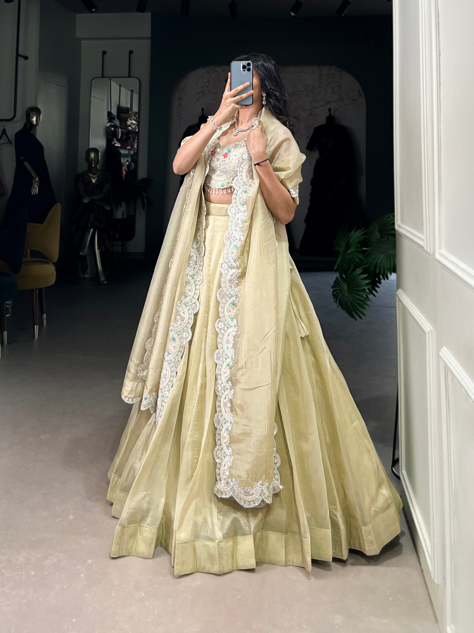 Light Yellow Radiant Gold Crush Lehenga Set – Luxe Elegance with Jarkan Diamond & Sequin Embroidery ClothsVilla