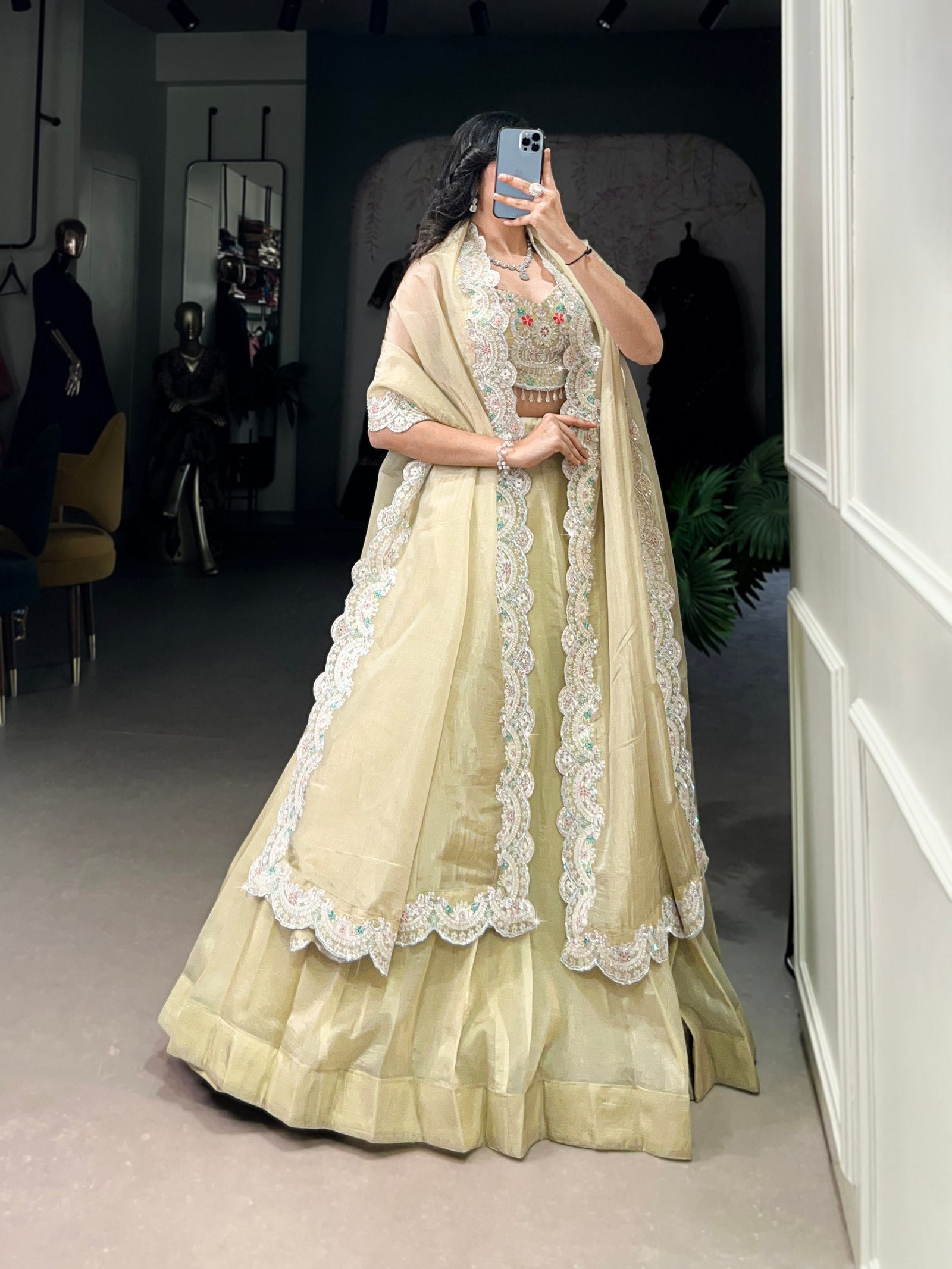 Light Yellow Radiant Gold Crush Lehenga Set – Luxe Elegance with Jarkan Diamond & Sequin Embroidery ClothsVilla