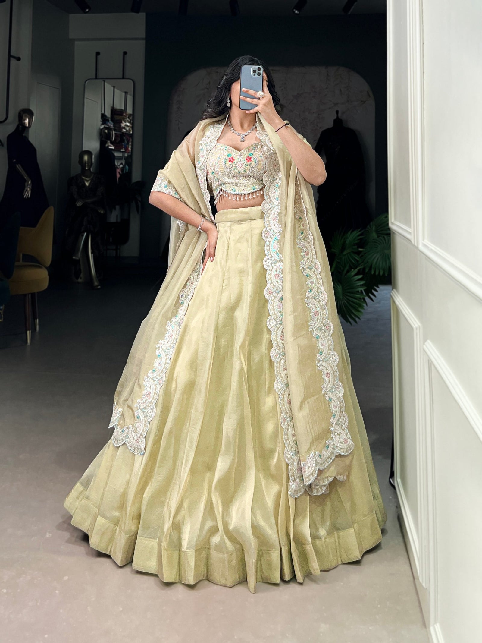 Light Yellow Radiant Gold Crush Lehenga Set – Luxe Elegance with Jarkan Diamond & Sequin Embroidery ClothsVilla