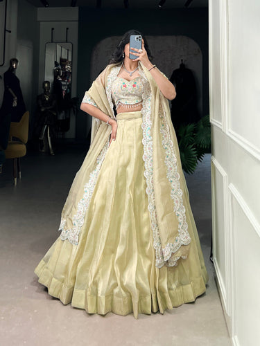 Light Yellow Radiant Gold Crush Lehenga Set – Luxe Elegance with Jarkan Diamond & Sequin Embroidery ClothsVilla