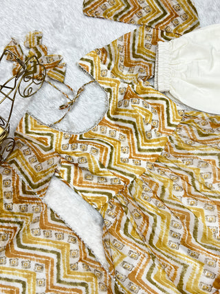 Light yellow Zigzag Print Anarkali Set with Dupatta – Perfect for Festivities & Weddings