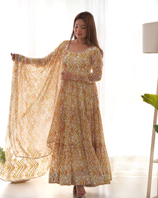 Light yellow Zigzag Print Anarkali Set with Dupatta – Perfect for Festivities & Weddings