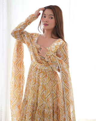 Light yellow Zigzag Print Anarkali Set with Dupatta – Perfect for Festivities & Weddings