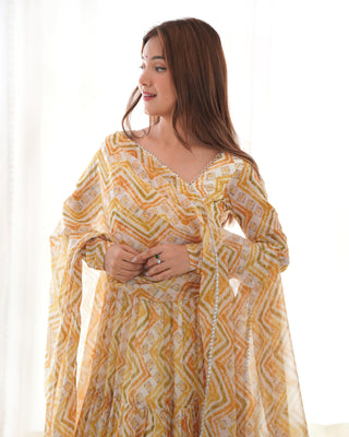 Light yellow Zigzag Print Anarkali Set with Dupatta – Perfect for Festivities & Weddings