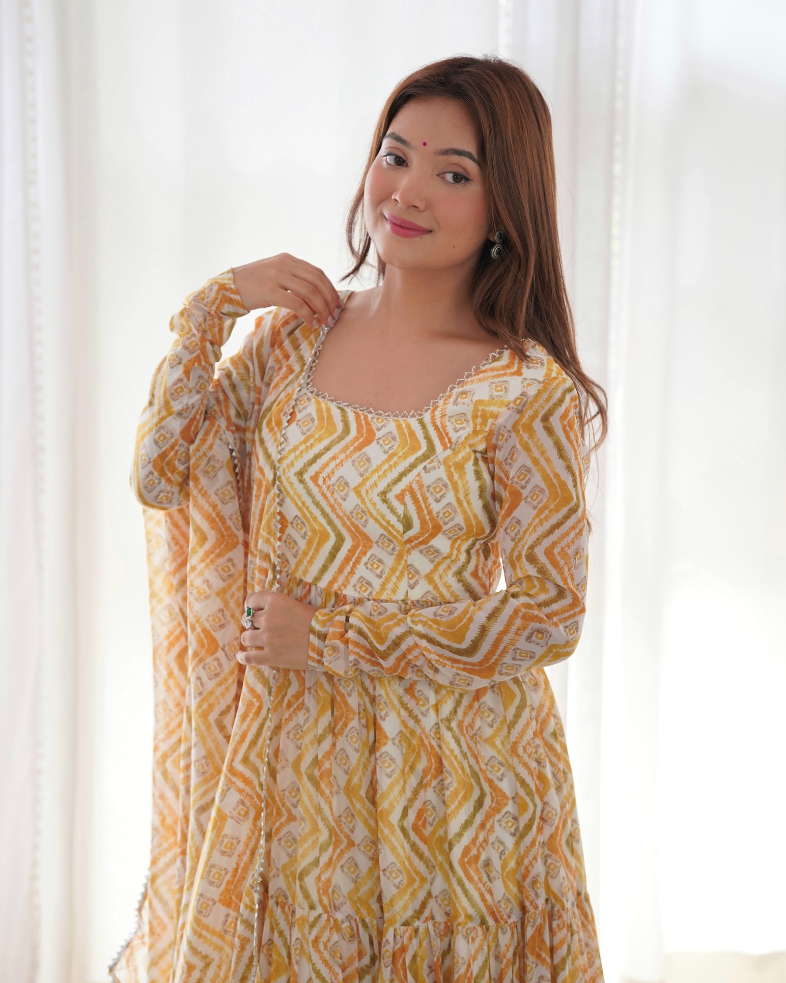 Light yellow Zigzag Print Anarkali Set with Dupatta – Perfect for Festivities & Weddings
