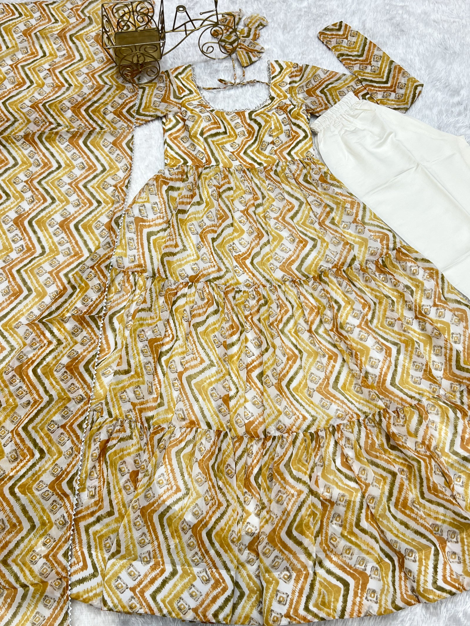Light yellow Zigzag Print Anarkali Set with Dupatta – Perfect for Festivities & Weddings