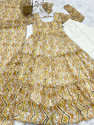 Light yellow Zigzag Print Anarkali Set with Dupatta – Perfect for Festivities & Weddings