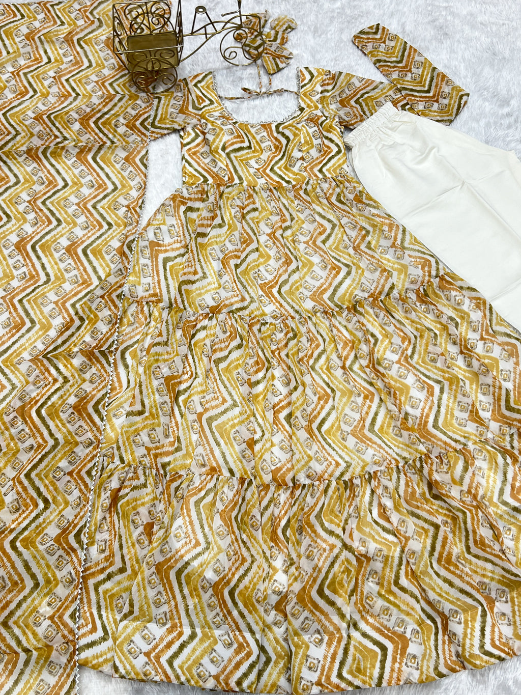 Light yellow Zigzag Print Anarkali Set with Dupatta – Perfect for Festivities & Weddings