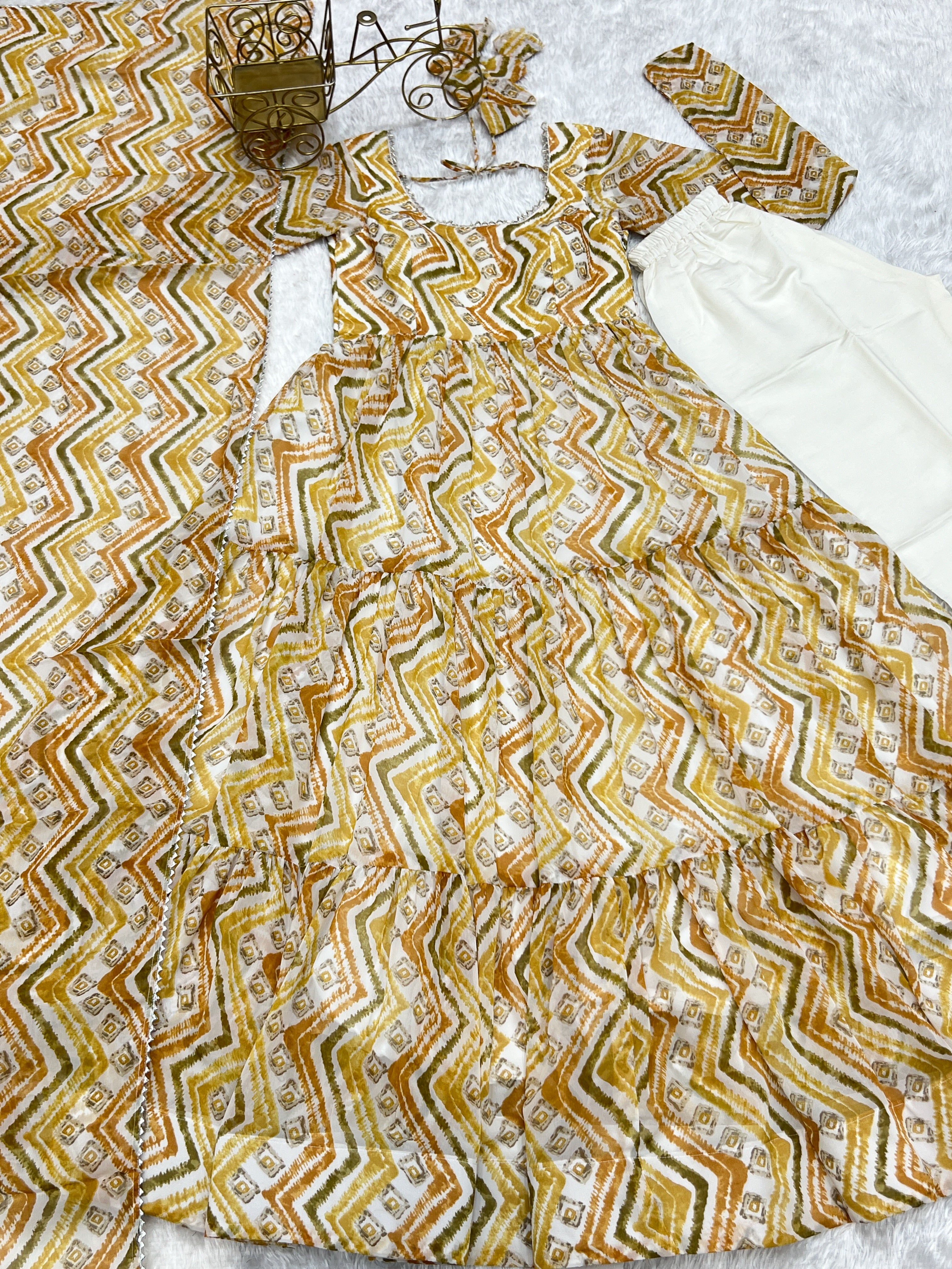 Light yellow Zigzag Print Anarkali Set with Dupatta – Perfect for Festivities & Weddings