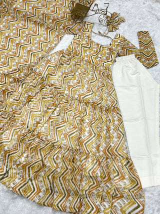 Light yellow Zigzag Print Anarkali Set with Dupatta – Perfect for Festivities & Weddings