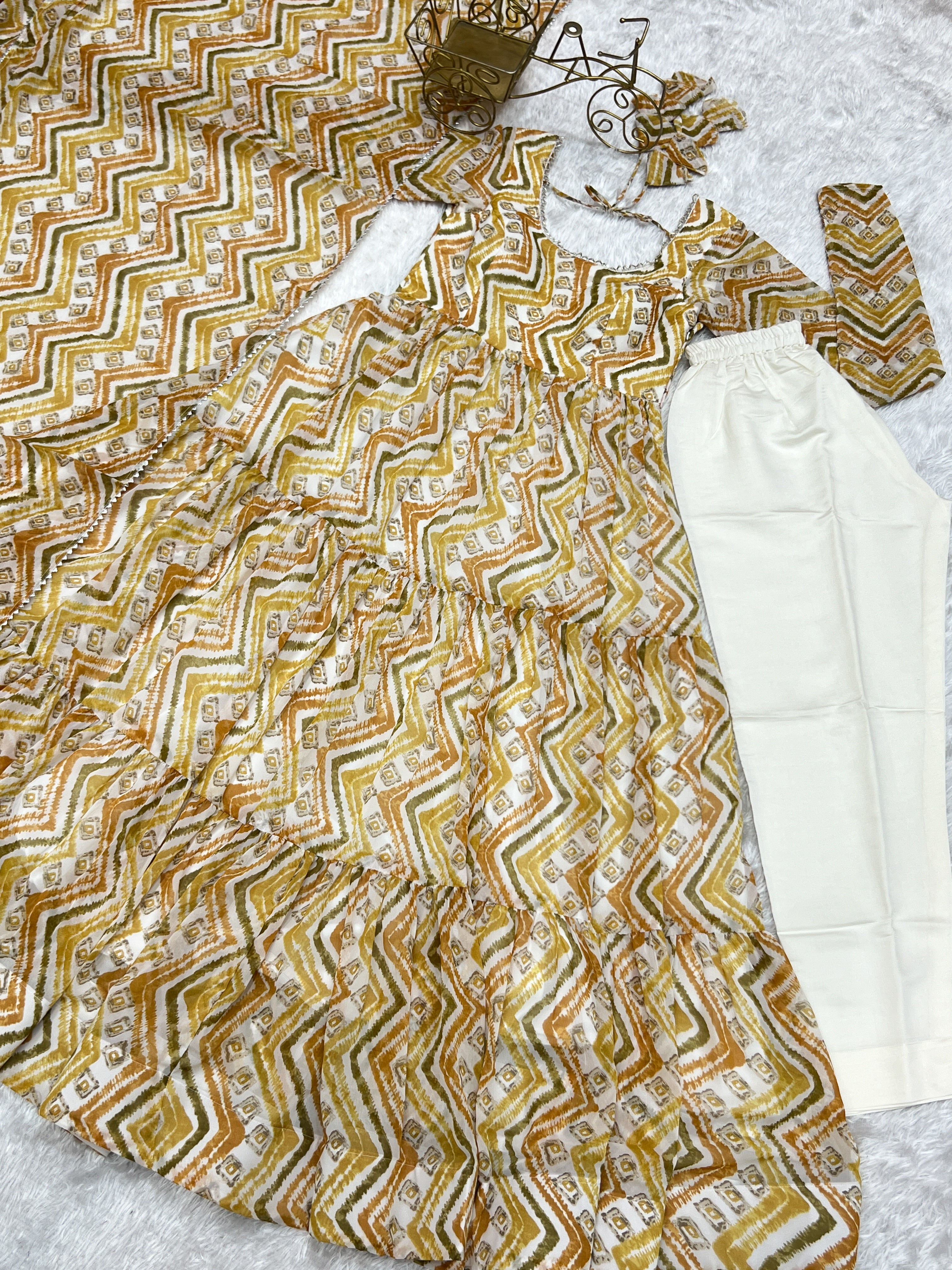 Light yellow Zigzag Print Anarkali Set with Dupatta – Perfect for Festivities & Weddings