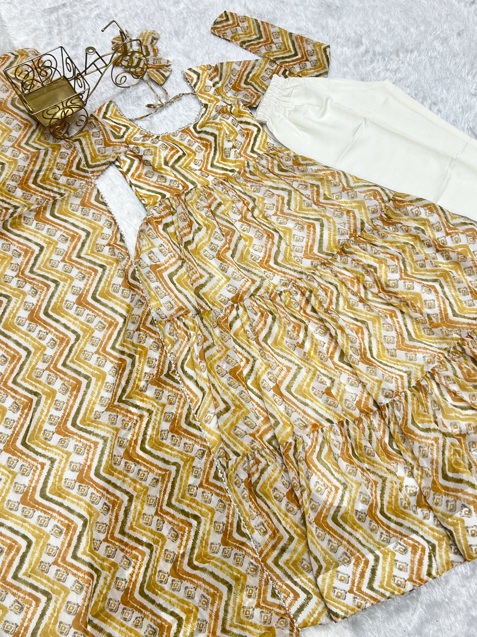 Light yellow Zigzag Print Anarkali Set with Dupatta – Perfect for Festivities & Weddings