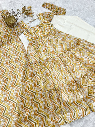 Light yellow Zigzag Print Anarkali Set with Dupatta – Perfect for Festivities & Weddings