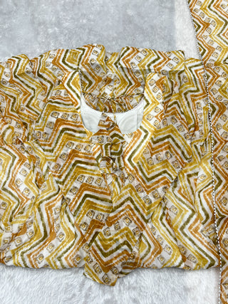 Light yellow Zigzag Print Anarkali Set with Dupatta – Perfect for Festivities & Weddings