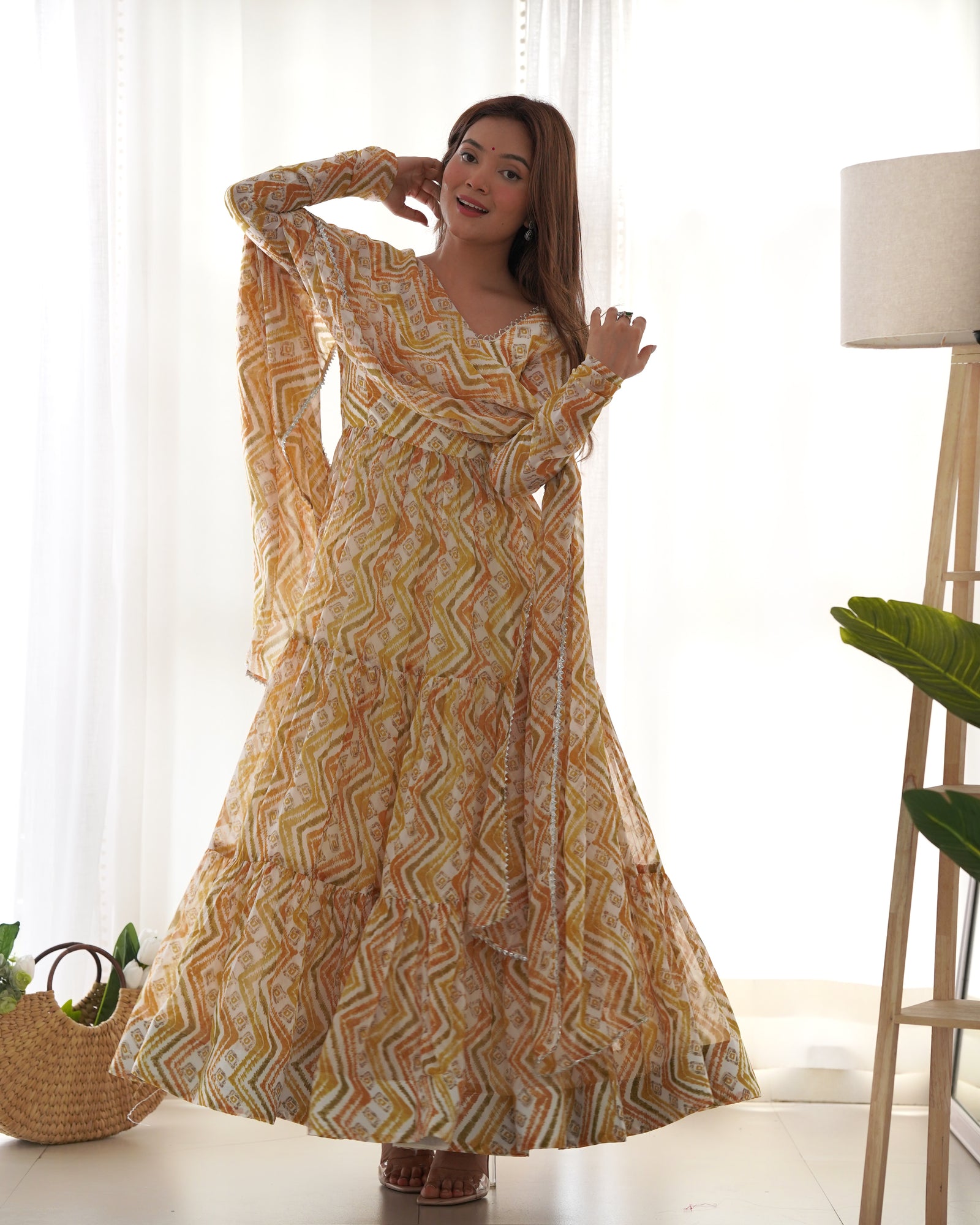 Light yellow Zigzag Print Anarkali Set with Dupatta – Perfect for Festivities & Weddings