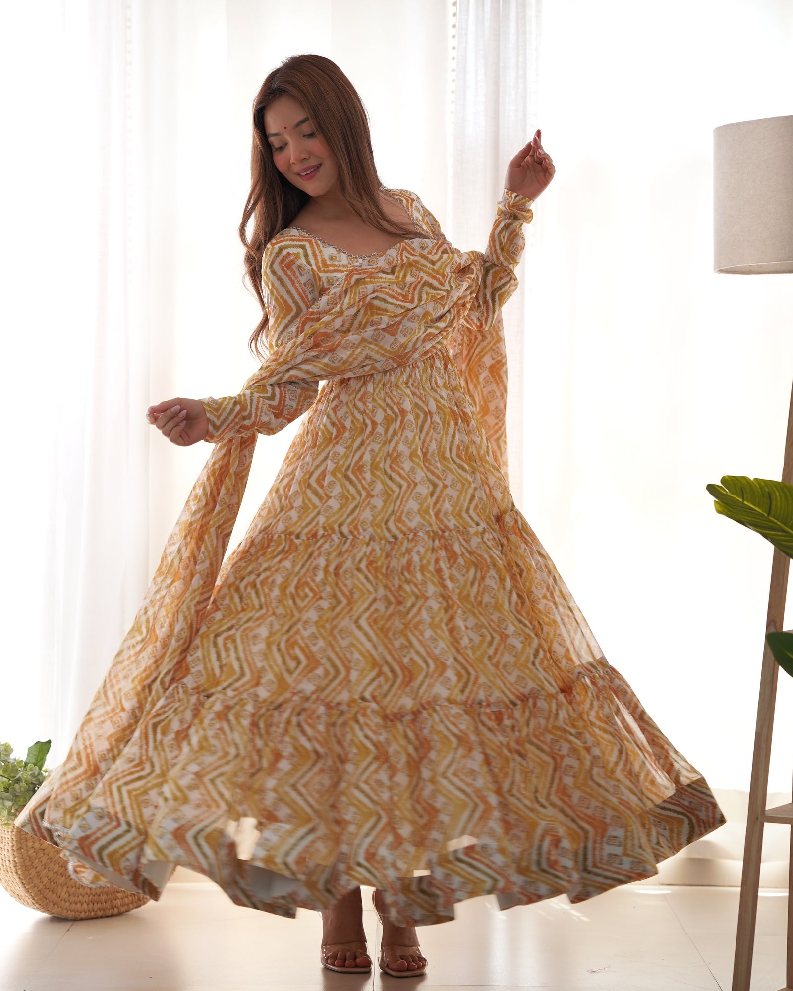 Light yellow Zigzag Print Anarkali Set with Dupatta – Perfect for Festivities & Weddings