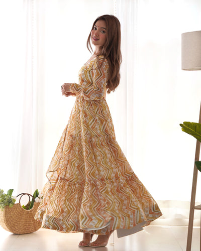 Light yellow Zigzag Print Anarkali Set with Dupatta – Perfect for Festivities & Weddings