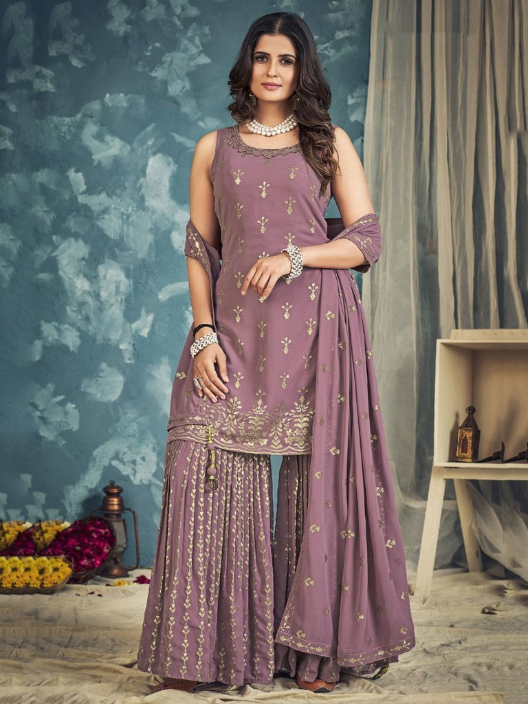 Lilac Pakistani Georgette Sharara For Indian Festivals & Weddings - Sequence Embroidery Work, Zari Work Clothsvilla