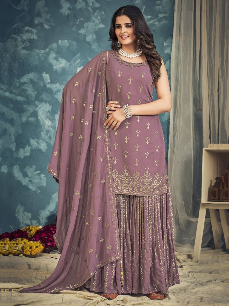 Lilac Pakistani Georgette Sharara For Indian Festivals & Weddings - Sequence Embroidery Work, Zari Work Clothsvilla