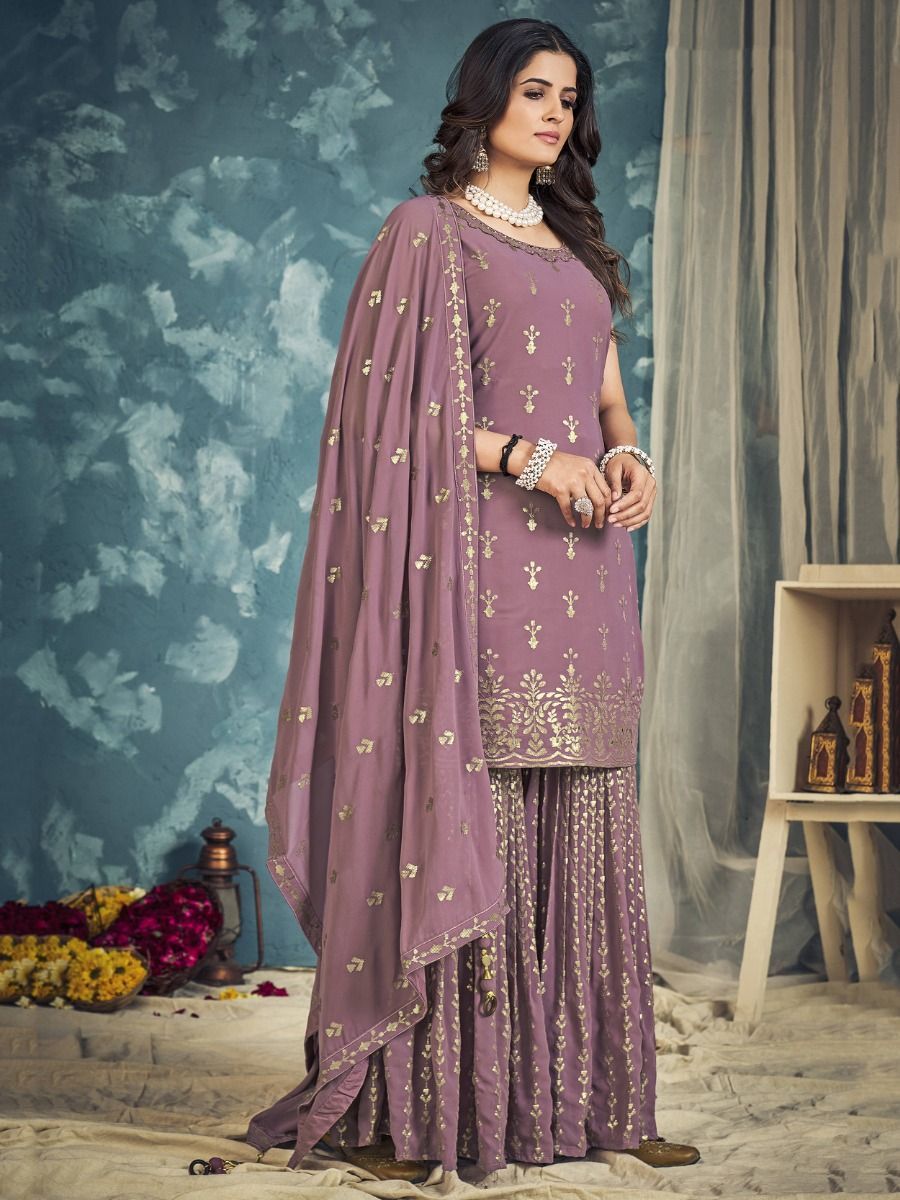 Lilac Pakistani Georgette Sharara For Indian Festivals & Weddings - Sequence Embroidery Work, Zari Work Clothsvilla