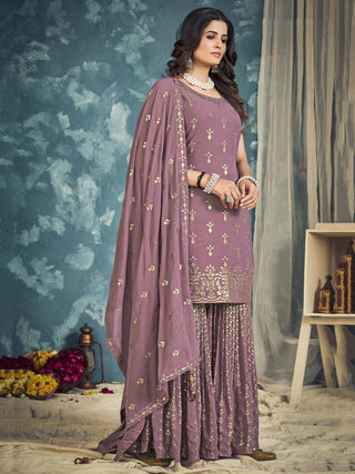 Lilac Pakistani Georgette Sharara For Indian Festivals & Weddings - Sequence Embroidery Work, Zari Work Clothsvilla