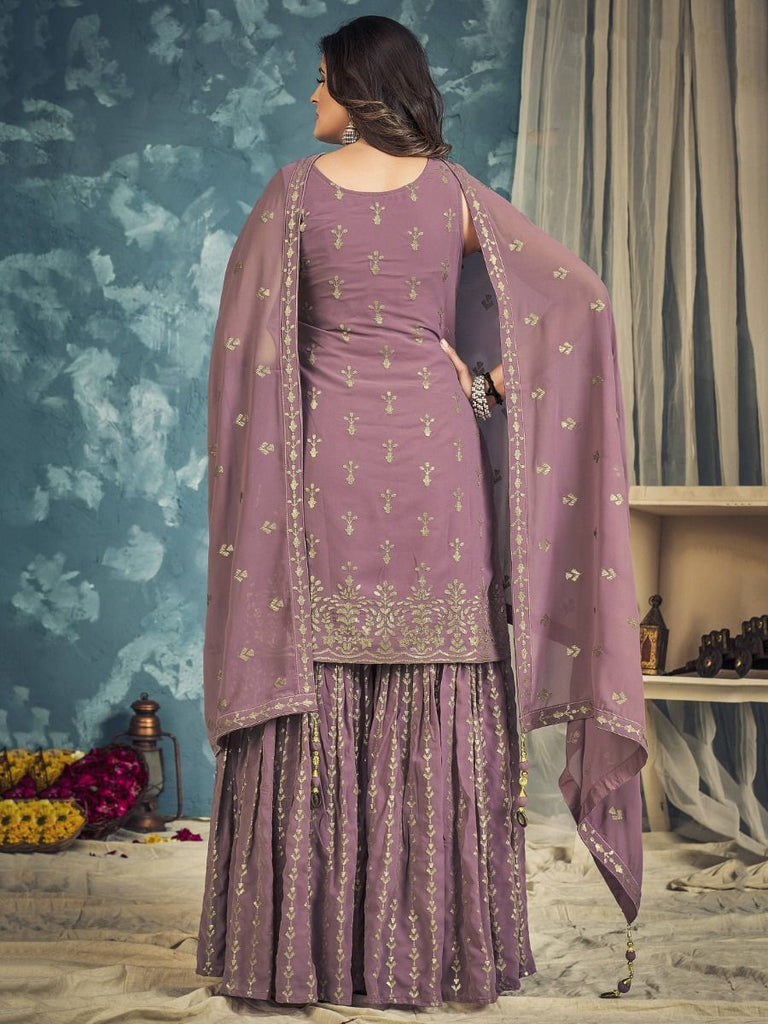 Lilac Pakistani Georgette Sharara For Indian Festivals & Weddings - Sequence Embroidery Work, Zari Work Clothsvilla