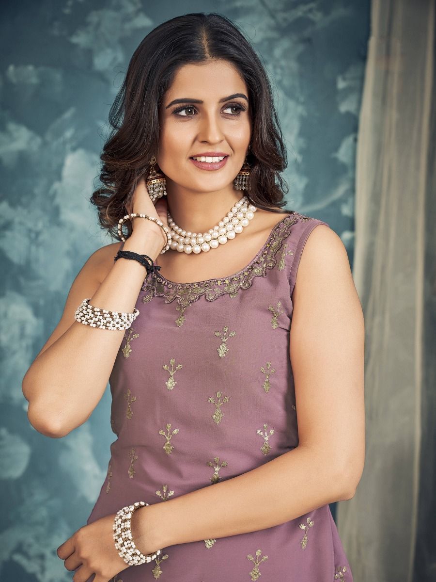 Lilac Pakistani Georgette Sharara For Indian Festivals & Weddings - Sequence Embroidery Work, Zari Work Clothsvilla