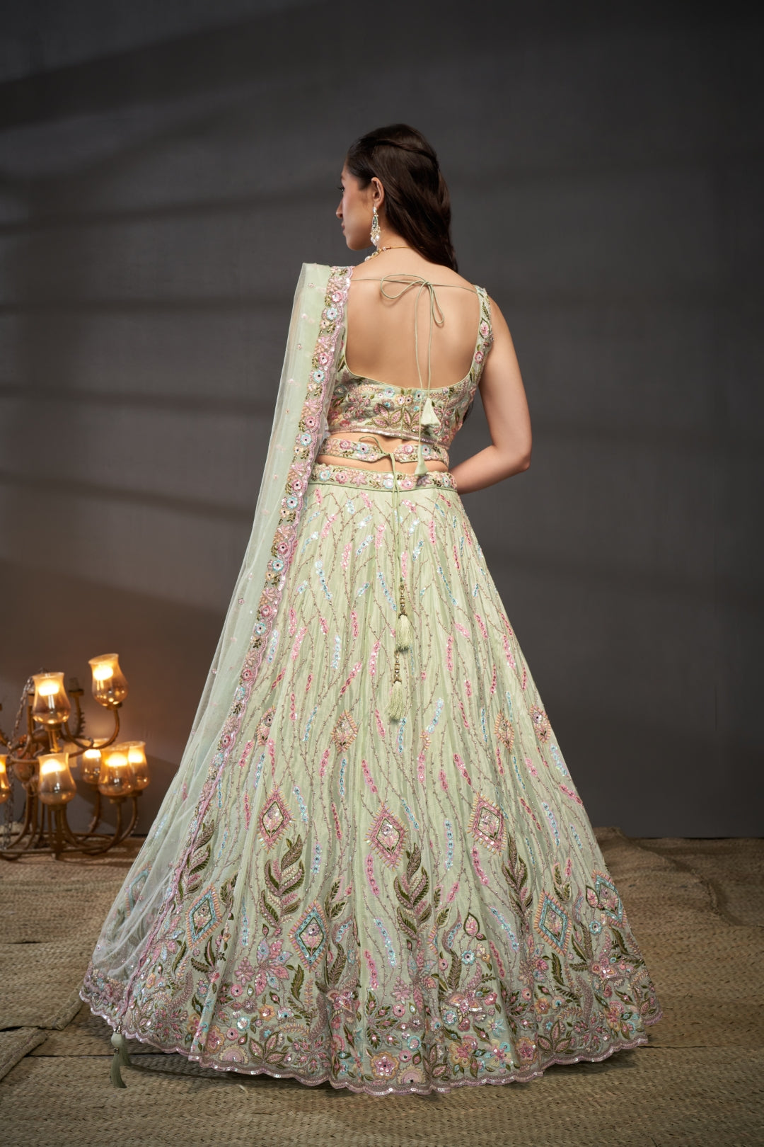 Lime Green Chiffon Mirror Work Lehenga Choli Set with Heavy Zari & Sequin Embroidery ClothsVilla