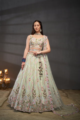 Lime Green Chiffon Mirror Work Lehenga Choli Set with Heavy Zari & Sequin Embroidery ClothsVilla