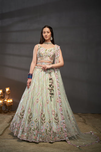 Lime Green Chiffon Mirror Work Lehenga Choli Set with Heavy Zari & Sequin Embroidery ClothsVilla