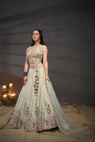 Lime Green Chiffon Mirror Work Lehenga Choli Set with Heavy Zari & Sequin Embroidery ClothsVilla