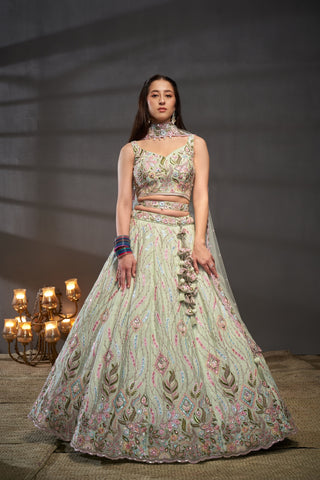 Lime Green Chiffon Mirror Work Lehenga Choli Set with Heavy Zari & Sequin Embroidery ClothsVilla