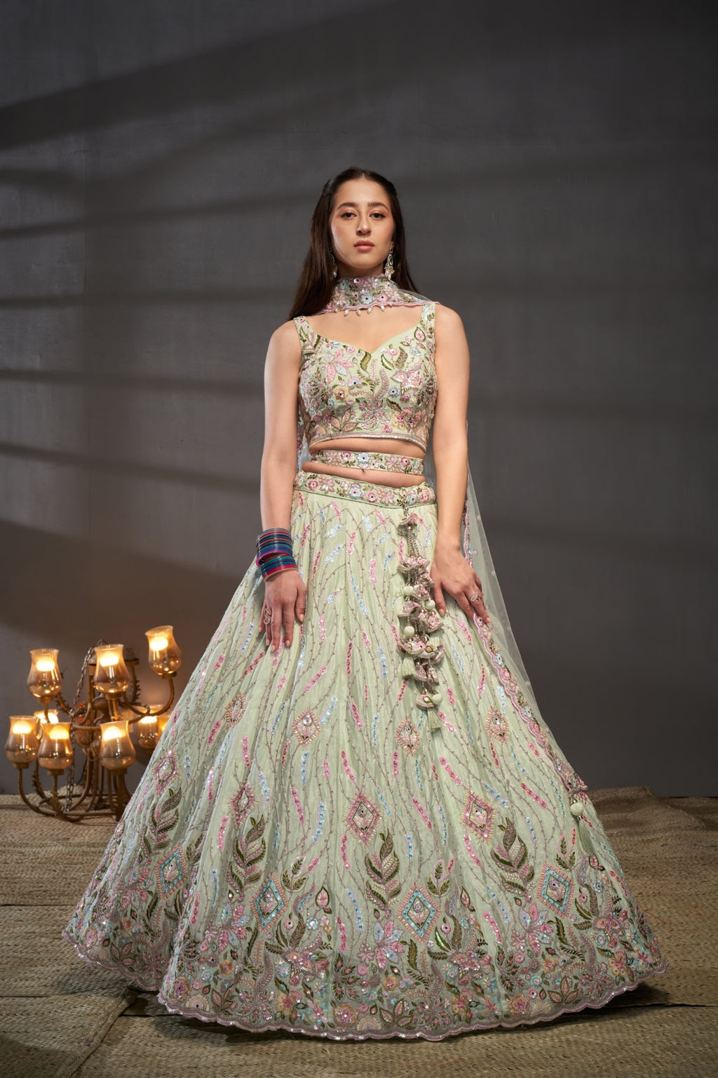Lime Green Chiffon Mirror Work Lehenga Choli Set with Heavy Zari & Sequin Embroidery ClothsVilla
