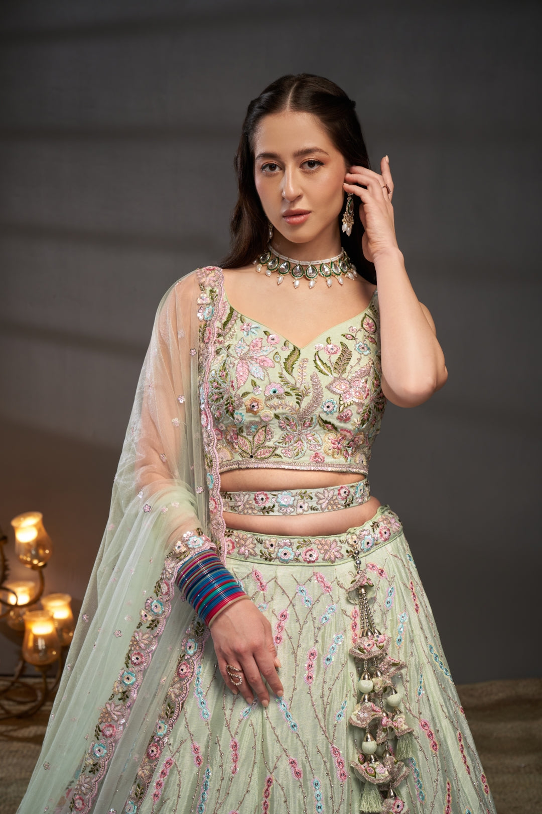 Lime Green Chiffon Mirror Work Lehenga Choli Set with Heavy Zari & Sequin Embroidery ClothsVilla