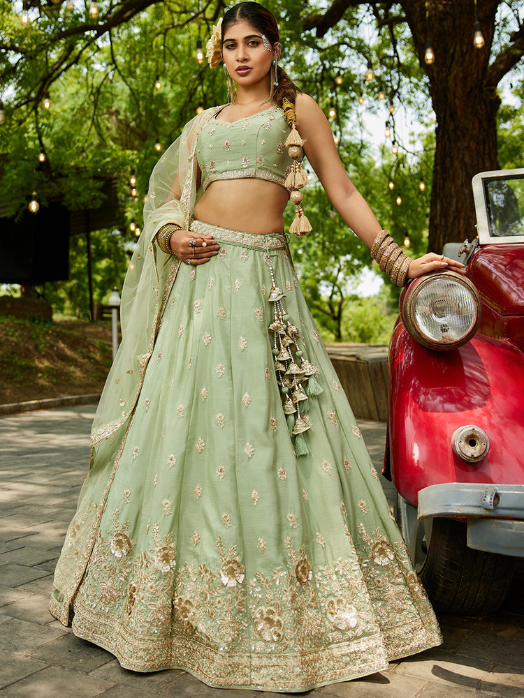 Lime Green Chiffon Semi-Stitched Lehenga Choli Set with Heavy Sequin & Embroidery ClothsVilla
