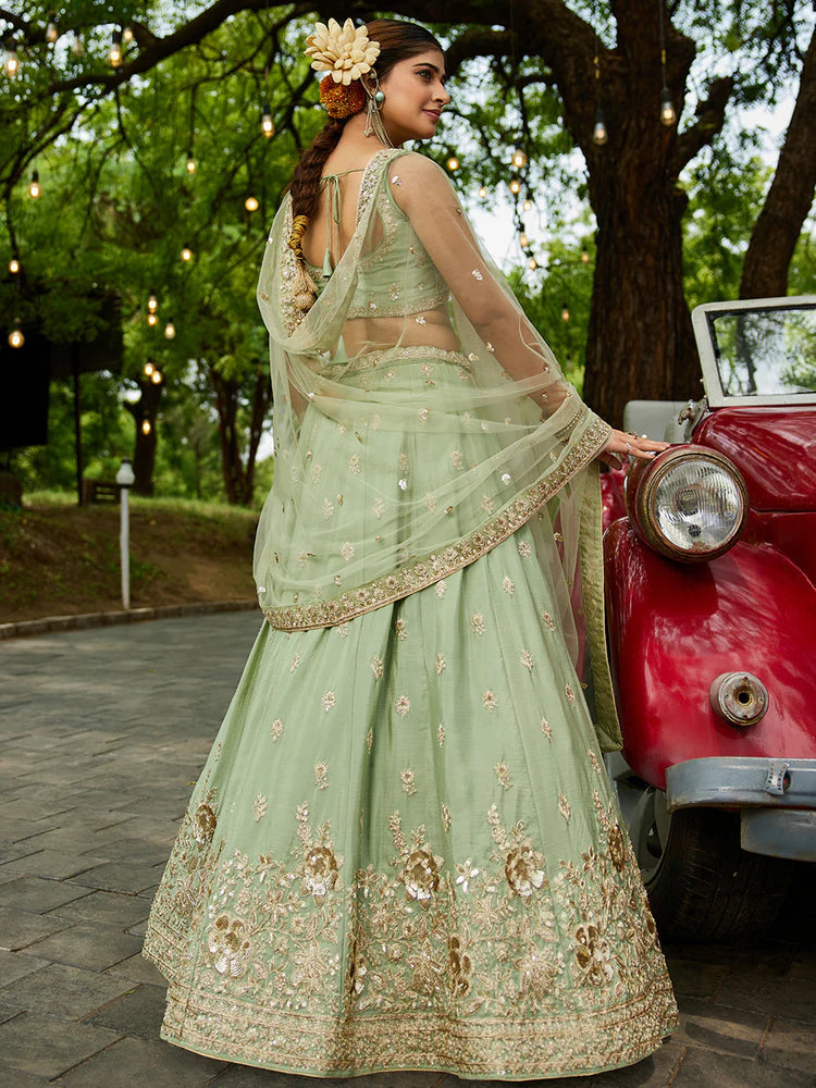 Lime Green Chiffon Semi-Stitched Lehenga Choli Set with Heavy Sequin & Embroidery ClothsVilla