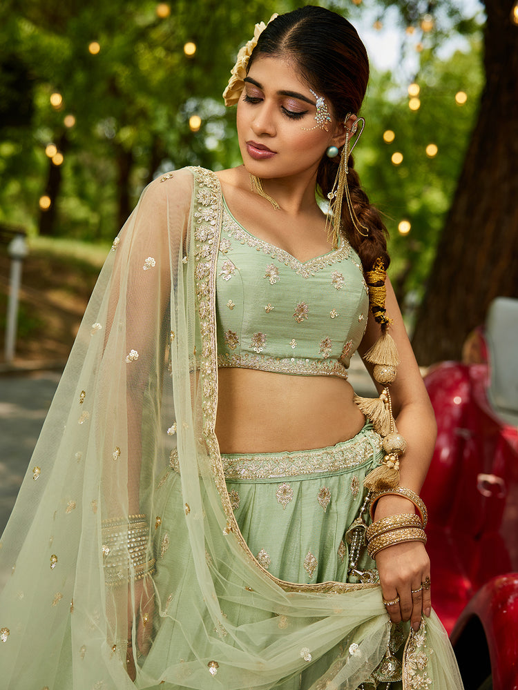 Lime Green Chiffon Semi-Stitched Lehenga Choli Set with Heavy Sequin & Embroidery ClothsVilla
