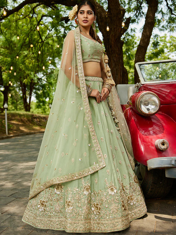 Lime Green Chiffon Semi-Stitched Lehenga Choli Set with Heavy Sequin & Embroidery ClothsVilla